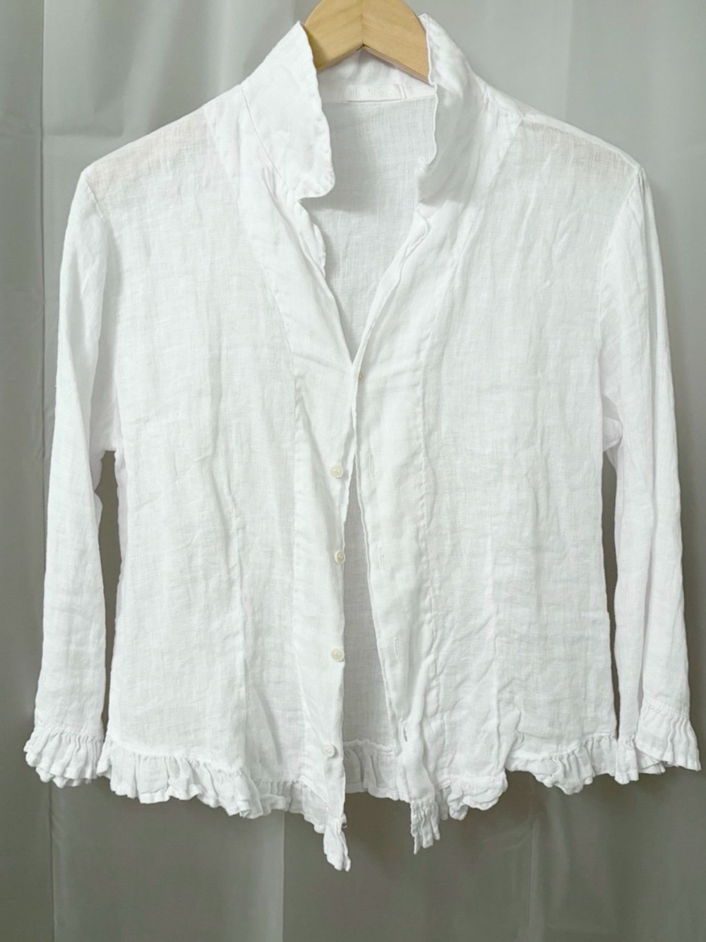 CP Shades Linen White Ruffle Cropped Button Shirt